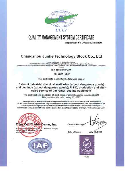China Changzhou Junhe Technology Stock Co.,Ltd certificaten